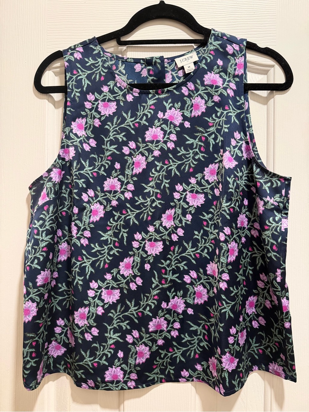 J. Crew Navy Floral Sleeveless Tank with Pink and Lilac Roses Like New - Size M